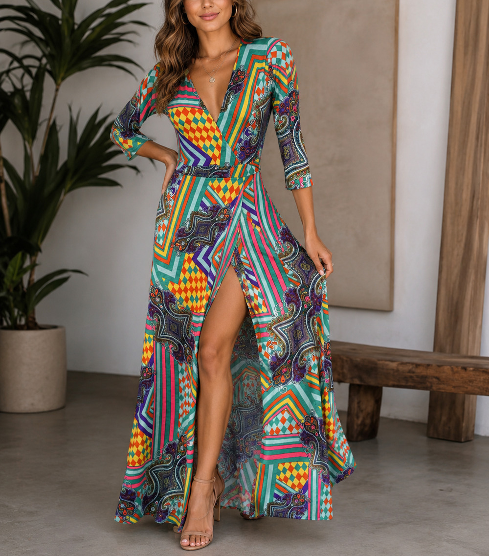 Womens Maxi Dress Small Multicolor Geometric Print V Neck 3/4 Sleeve Wrap Look